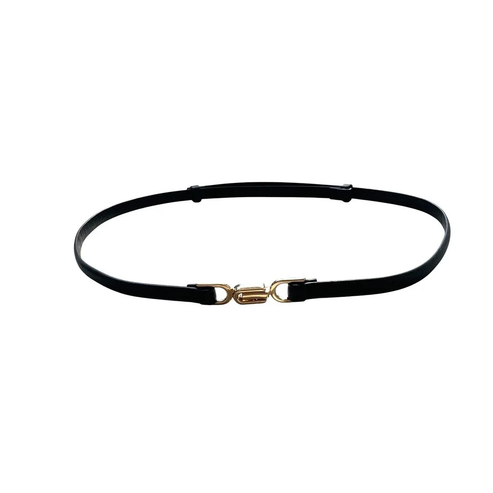 Black Saffiano Skinny Belt Gold Interlocking Clasp Adjustable Waist Belt